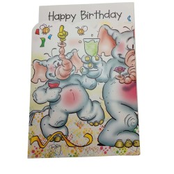 Biglietto Augurale Compleanno 6 Ante – Elefantini in Festa con Scritta “Happy Birthday” – Cartoncino Colorato e Allegro