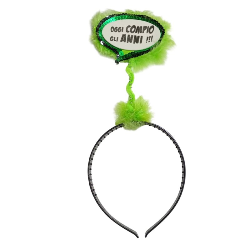 Cerchietto Compleanno con Piume Verdi e Scritta “Oggi Compio gli Anni !!!” – Accessorio Divertente per Feste e Party