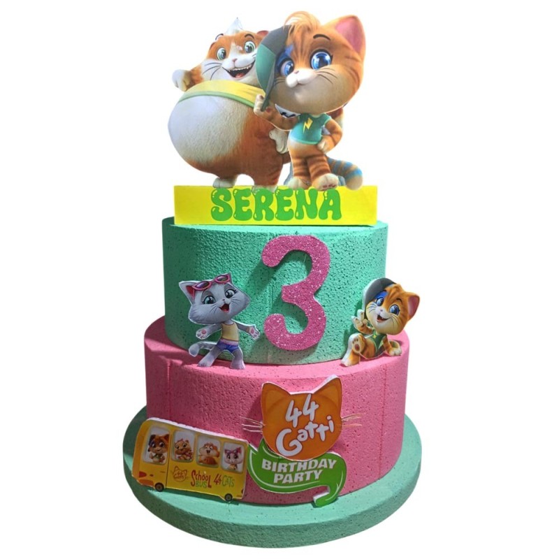 Torta di Compleanno 44 Gatti Personalizzata – 3 Livelli in Polistirolo 3D con Nome ed Età – Decorazione Scenografica 70 cm