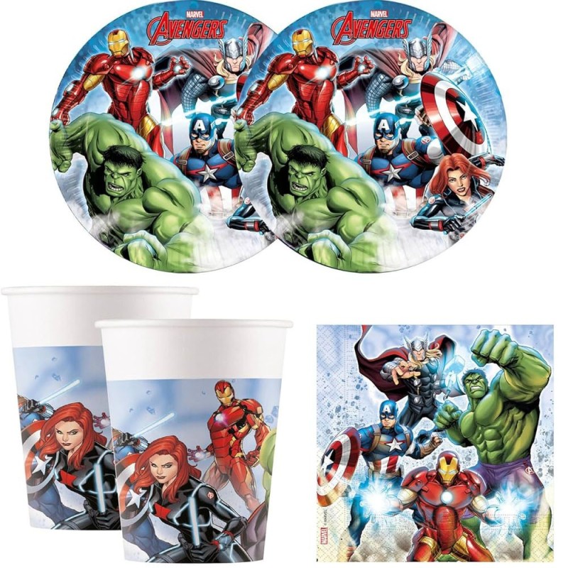 Kit Compleanno Avengers per 24 Persone Marvel Set Feste Stoviglie Monouso Supereroi per Bambini Piatti, Bicchieri e Tovaglioli