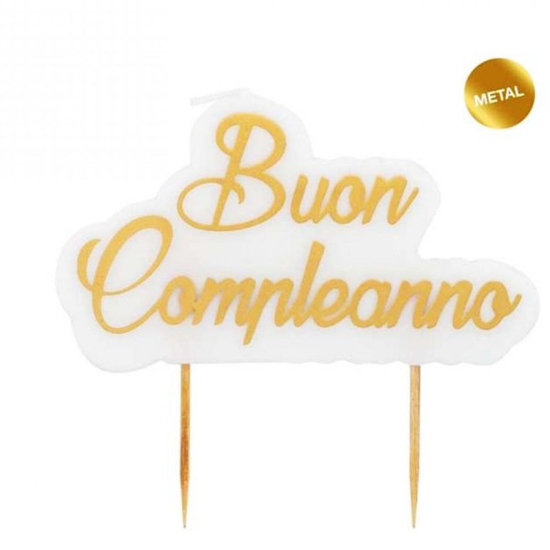 Candela Compleanno Oro Metal “BUON COMPLEANNO” 8x10cm – Candelina Decorativa per Torte e Dolci Feste