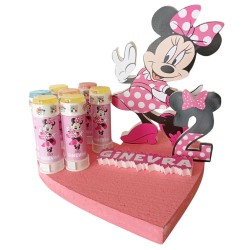 Composizione Personalizzata Minnie su Cuore – Decorazione Compleanno Bambina con Nome, Numero e Bolle di Sapone