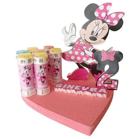 Composizione Personalizzata Minnie su Cuore – Decorazione Compleanno Bambina con Nome, Numero e Bolle di Sapone