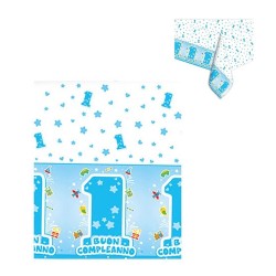 Tovaglia Primo Compleanno Bimbo Azzurro e Bianco 140x270 cm – Decorazione Elegante per Festa 1° Anno Baby Boy