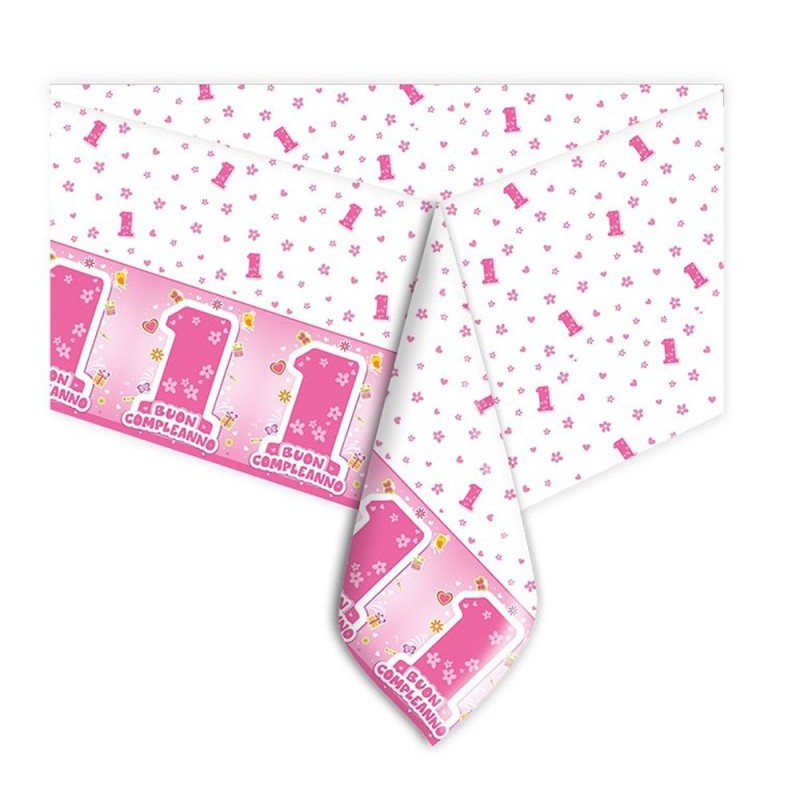 Tovaglia Primo Compleanno Bimba Rosa e Bianca 140x270 cm – Eleganza Dolce per il Suo Primo Grande Giorno