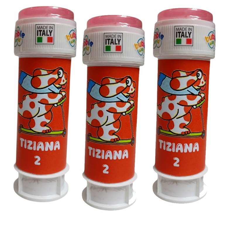 Regalini Fine Festa Compleanno – Bolle di Sapone Pimpa Personalizzate con Nome e Età | Idee Party Bambini Originali e Colorate