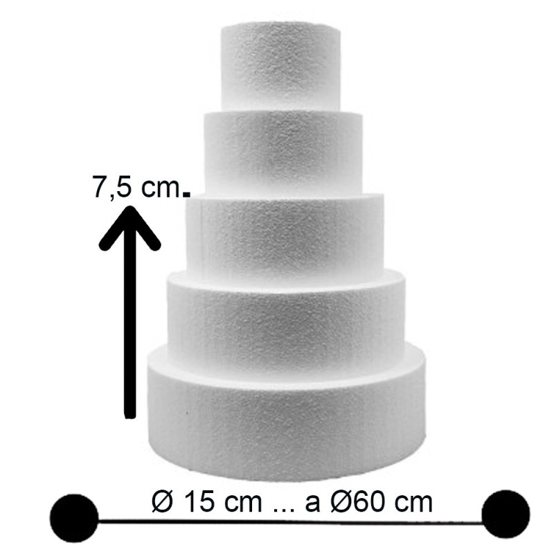 Base per Torte in Polistirolo Professionale - Formato Tondo, Varie Misure (H 7,5 cm) - Supporto Rigido per Cake Design e Dummy