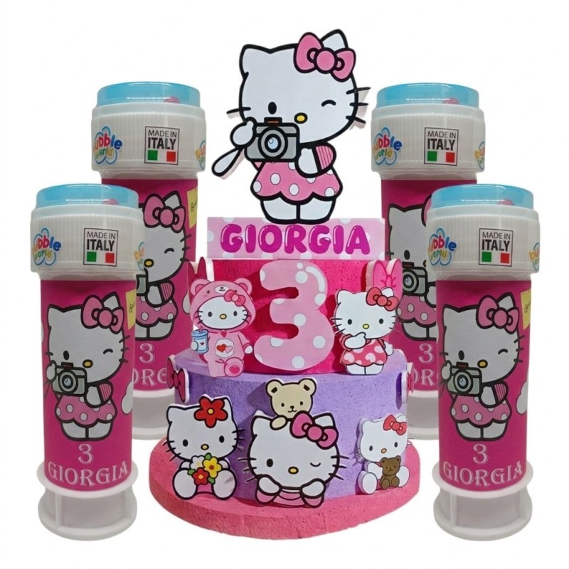Kit Festa Hello Kitty Essential – Torta Scenografica 3D Personalizzata + 12 Bolle di Sapone