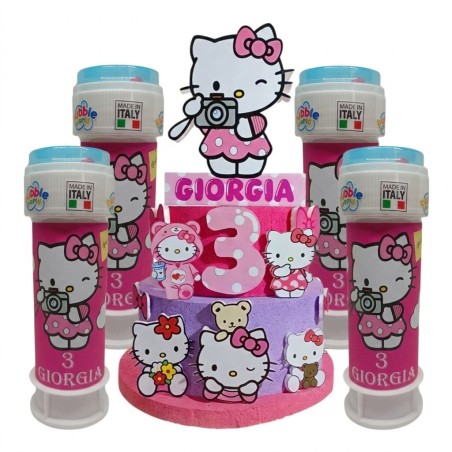 Kit Festa Hello Kitty Essential – Torta Scenografica 3D Personalizzata + 12 Bolle di Sapone