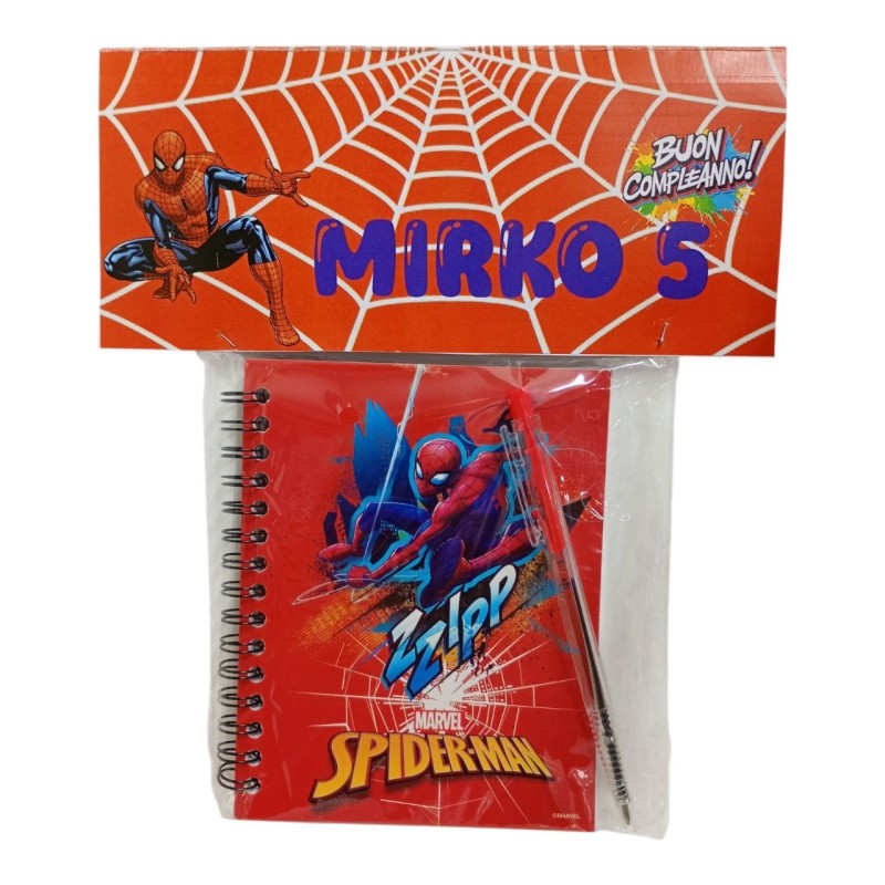 Set Regalo Fine Festa Spiderman Personalizzato | Taccuino a Spirale Marvel e Penna Gadget Compleanno Bambino con Nome e Età