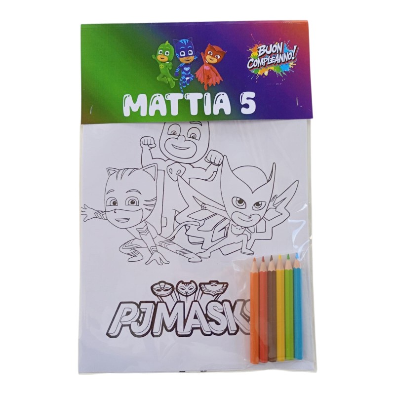 Regalini Fine Festa PJ Masks Personalizzati – Kit da Colorare con Nome e Età (Album + Matite)