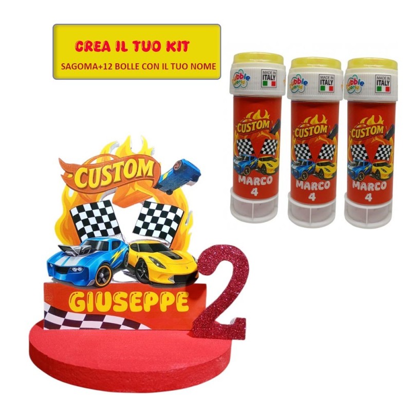 Kit Compleanno Hot Wheels Personalizzato Sagoma Centrotavola 3D + Set Bolle di Sapone con Nome e Età Regalini Fine Festa