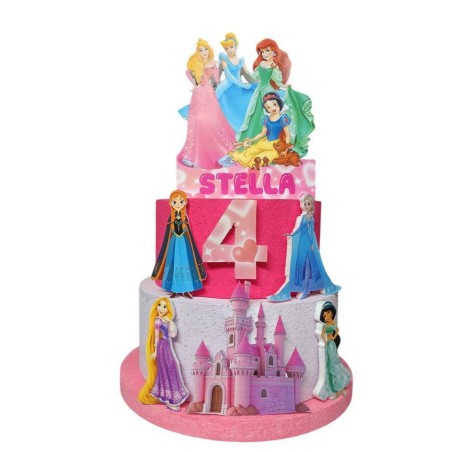 Torta Scenografica Principesse Disney & Frozen 3D Dummy Cake 3 Piani Personalizzata Nome/Età Castello Incantato e 7 Personaggi