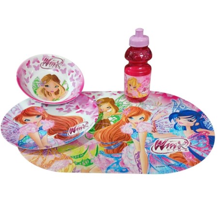 Set Pappa Winx Club 4 Pezzi - Kit Merenda con Tovaglietta, Piatto, Ciotola e Borraccia