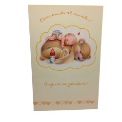 Biglietto Auguri Nascita "Benvenuto al mondo": Orsetto e Neonato con Dettagli Oro