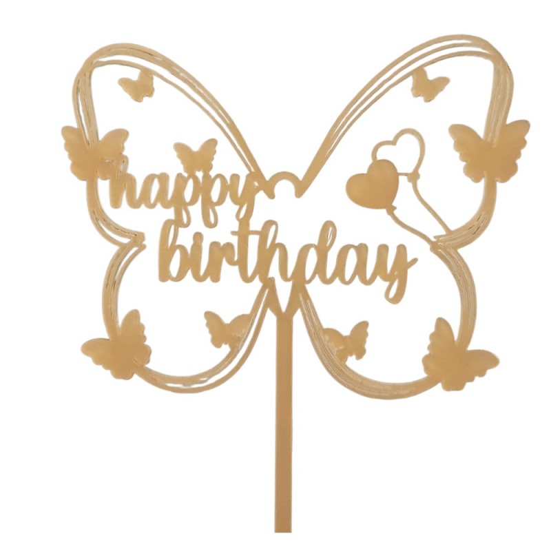 Cake Topper "Happy Birthday" in Plexiglass Specchiato Oro – Decorazione a Farfalla per Torte