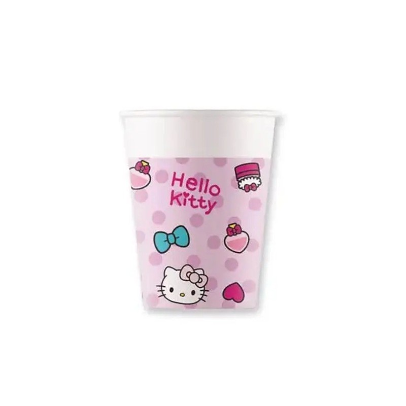 Bicchieri di Carta Hello Kitty con Pois – 200 ml – Confezione da 8 Pezzi