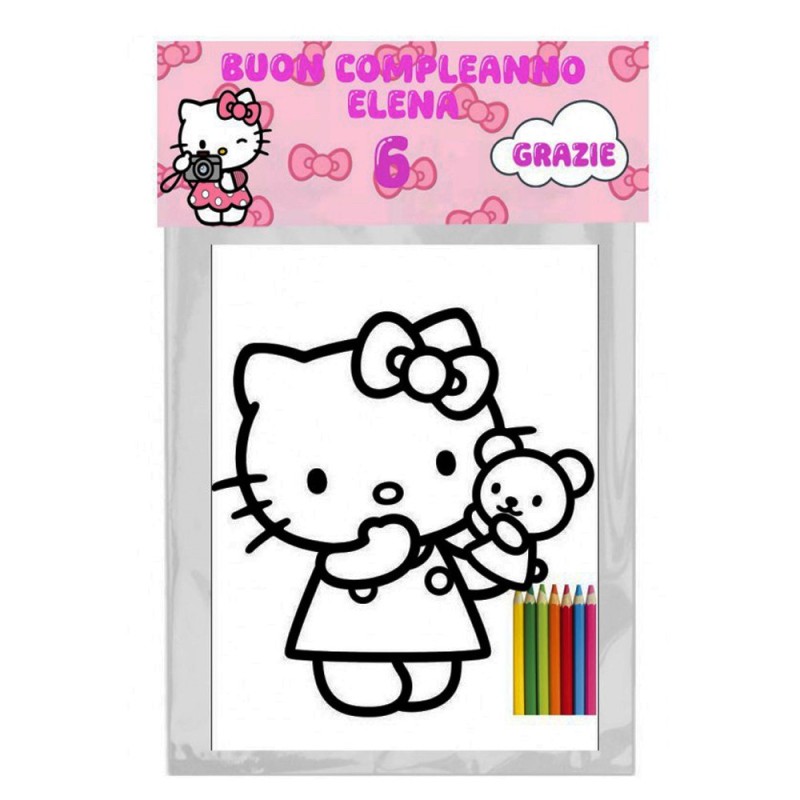 Kit Colorare Hello Kitty Personalizzato – Regalini Fine Festa con Nome e Età – Set Album + Pastelli