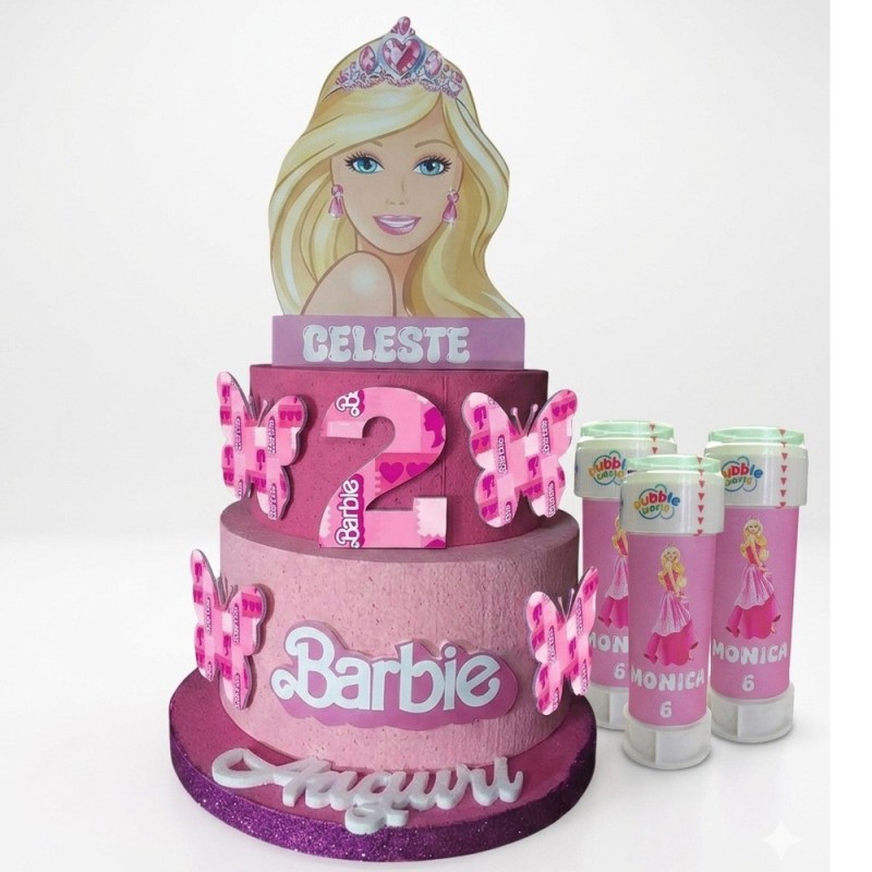 Kit Festa Barbie Essential – Torta Scenografica 3D Personalizzata + 12 Bolle di Sapone