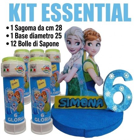 Kit Festa Frozen Essential – Centrotavola 3D Personalizzato + 12 Bolle di Sapone