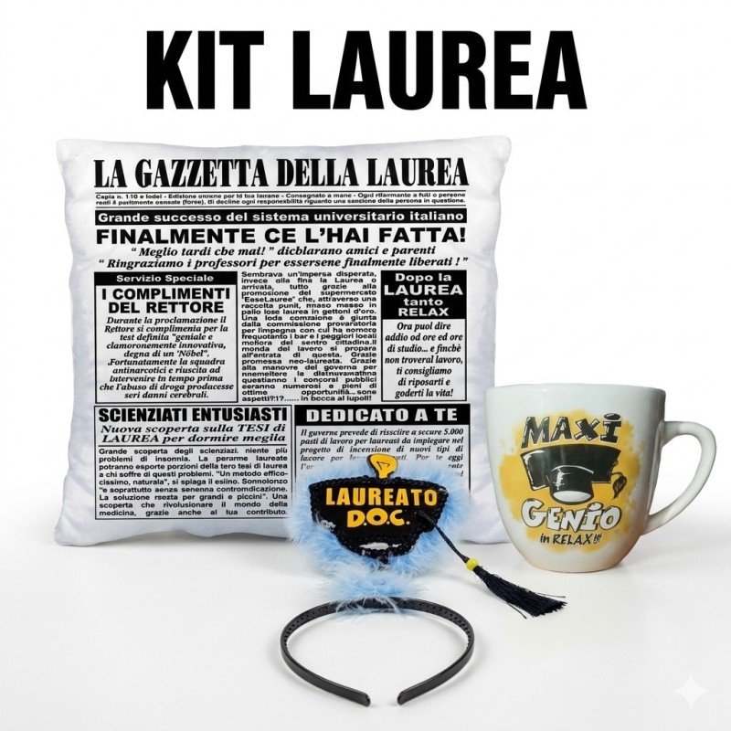 Kit Laurea Divertente – Cuscino "Gazzetta della Laurea" 40x40 cm + Tazzone Mug MAX Genio + Cerchietto Festa