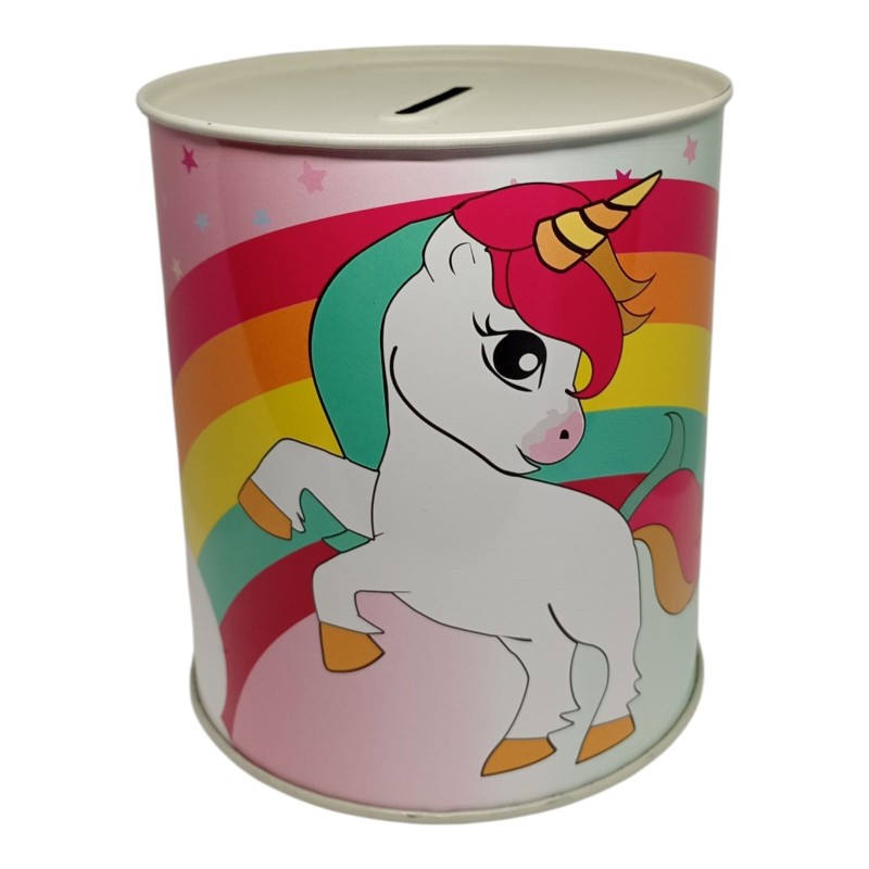 Salvadanaio in Latta Unicorno e Arcobaleno – Idea Regalo e Fine Festa – 13x11 cm