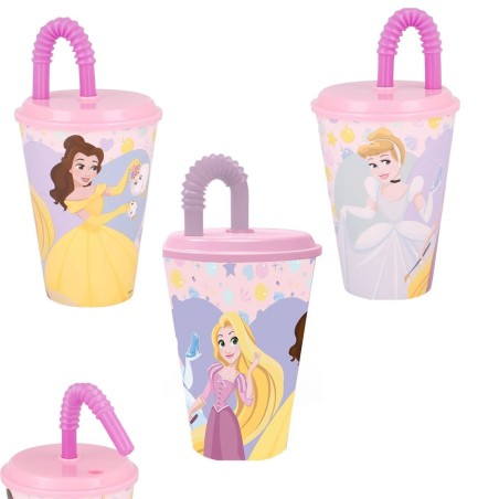 Bicchiere con Cannuccia Principesse Disney – Ariel, Cenerentola, Rapunzel – 430 ml Plastica Semirigida per Bambini