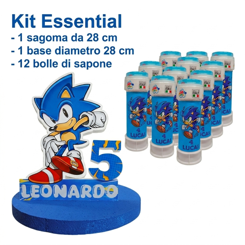 Kit Festa Sonic Essential – Centrotavola 3D Personalizzato + 12 Bolle di Sapone – Set Compleanno Completo