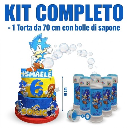 Kit Festa Sonic Essential – Torta Scenografica 3D Personalizzata + 12 Bolle di Sapone