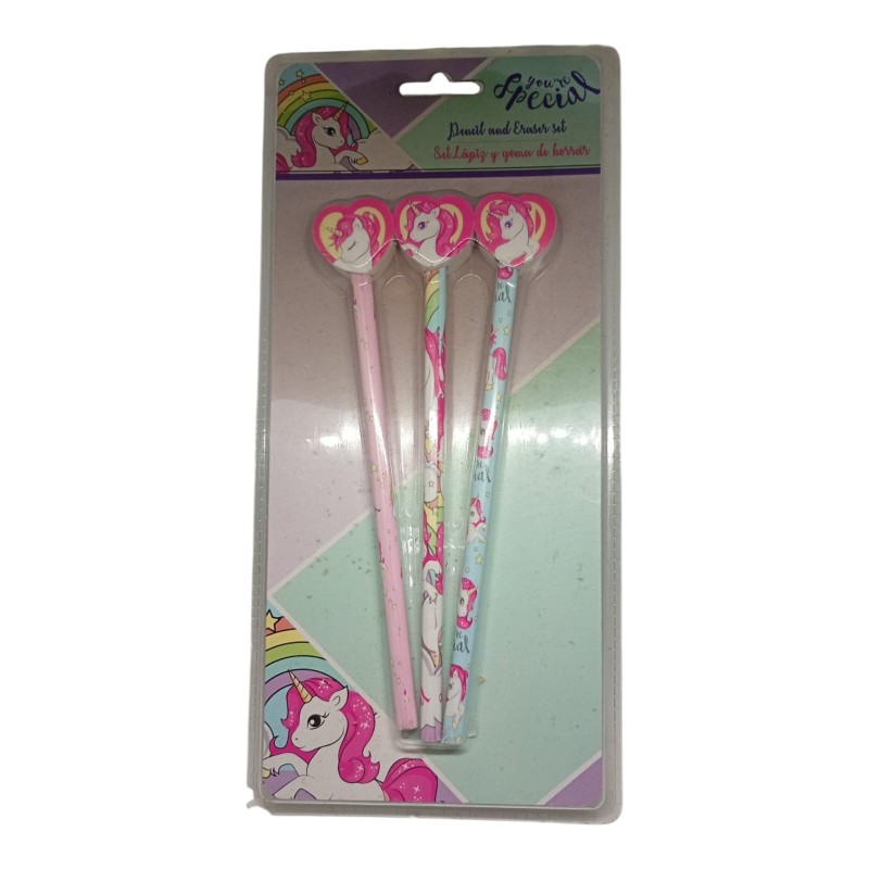 Set 3 Matite con Gomma Sagomata Unicorno a Cuore – Regalino Fine Festa Compleanno Bambina