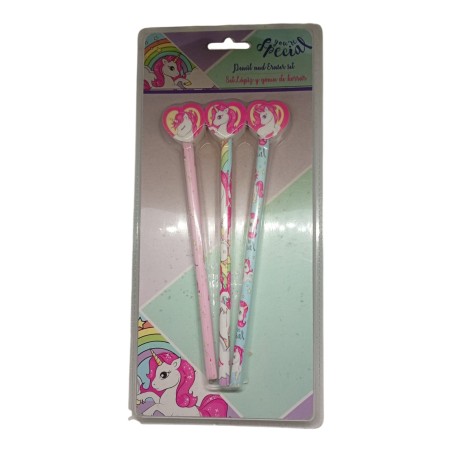 Set 3 Matite con Gomma Sagomata Unicorno a Cuore – Regalino Fine Festa Compleanno Bambina
