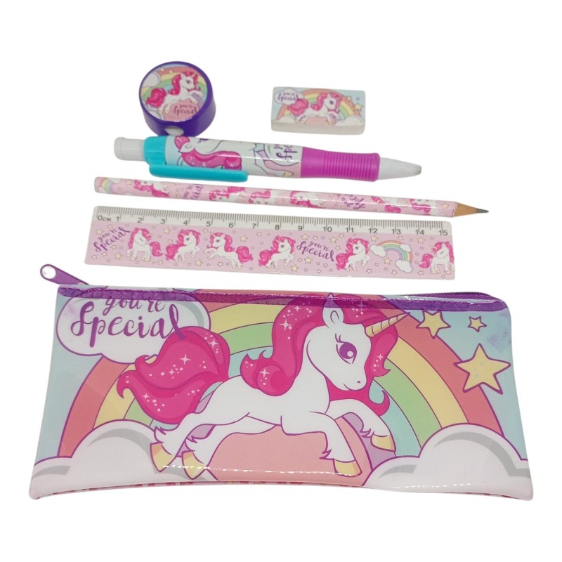 Kit Scuola Unicorno "You're Special" 6 Pezzi – Set Cancelleria Completo con Astuccio, Penna, Matita e Righello