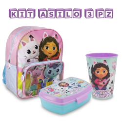 Kit Asilo Gabby's Dollhouse 3 Pezzi – Set Scuola con Zaino 30 cm, Portapranzo e Bicchiere 260 ml
