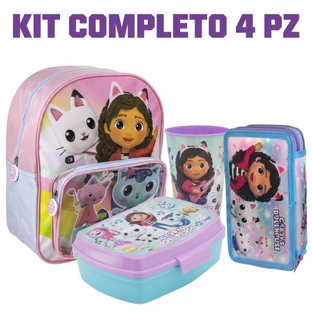 Kit Scuola Asilo Gabby's Dollhouse 4 Pezzi – Set Completo con Zaino 30cm, Astuccio 3 Zip Completo Giotto, Lunch Box e Bicchiere