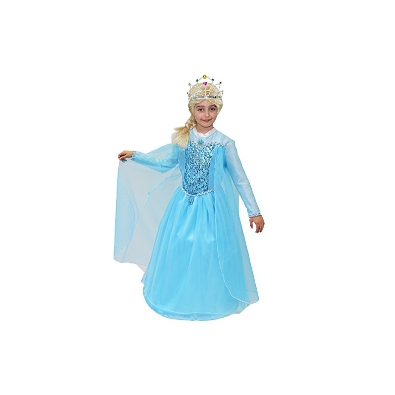 Costume Principessa della Neve Bambina 5-11 Anni - Completo di Corona, Vestito, Mantello e Parrucca