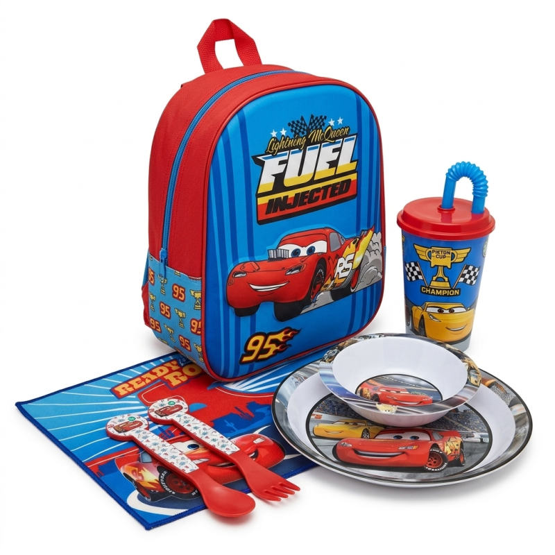 Kit Asilo Disney Cars Saetta McQueen – Set Scuola 6 Pezzi con Zaino 3D, Piatti, Posate, Tovaglietta e Bicchiere con Cannuccia
