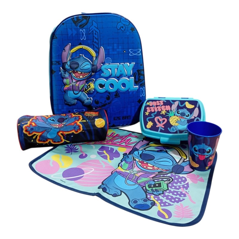 Set Scuola Asilo Stitch Disney 5 Pezzi – Zaino 3D con LED + Kit Pappa e Astuccio Tombolino