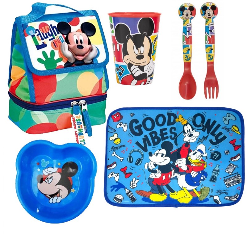 Set Pappa Asilo Topolino Disney – 5 Pezzi: Borsa Termica, Piattino, Bicchiere, Posate e Tovaglietta
