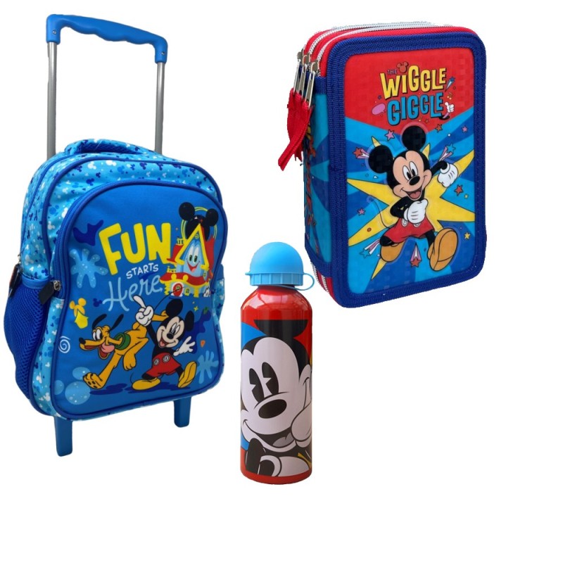 Set Scuola Topolino Disney Premium: Zaino Trolley, Astuccio 3 Zip (43 pz) e Borraccia Alluminio