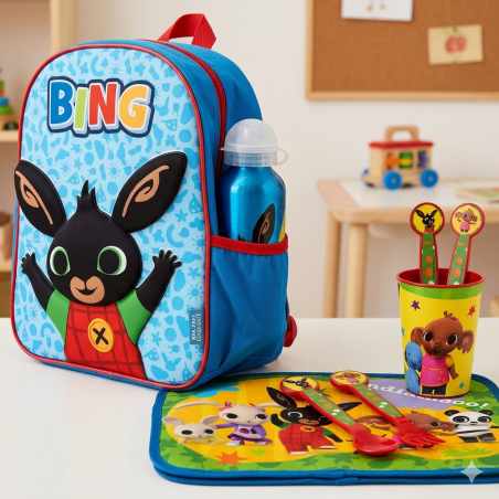 Set Scuola Asilo Bing Bunny 5 Pezzi – Zaino 3D, Borraccia Alluminio, Posate, Tovaglietta e Bicchiere