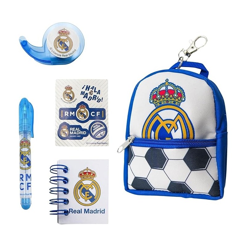 Mini Set Cancelleria Real Madrid – Zaino Portachiavi, Penna, Quaderno e Adesivi Ufficiali