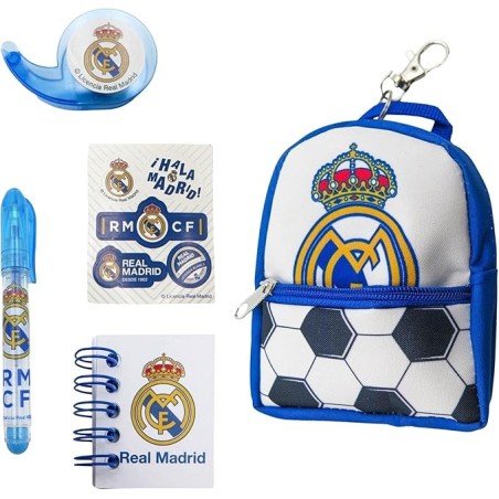 Mini Set Cancelleria Real Madrid – Zaino Portachiavi, Penna, Quaderno e Adesivi Ufficiali