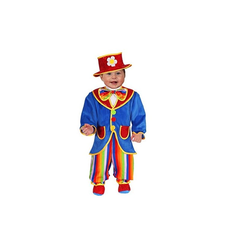 Costume Pagliaccio per Bambini - Disponibile in 4 Taglie da 3 a 18 Mesi - Completo di Cappello, Casacca, Tutina e Copriscarpette