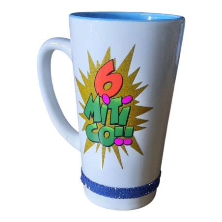 Tazza Alta in Ceramica 6Mitico con Scritta Glitterata - Confezione Regalo Elegante con Nastro, Capacità 370 ml