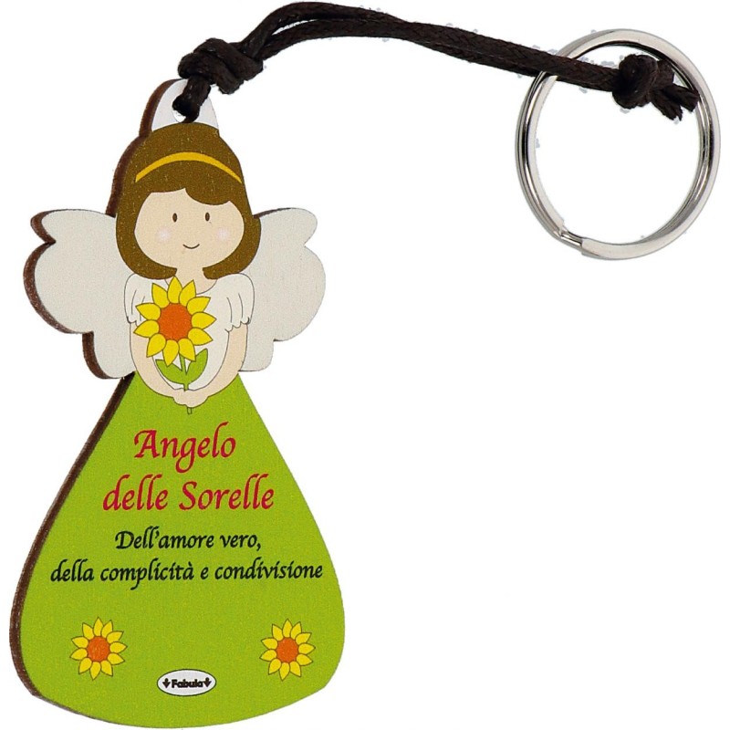 "Portachiavi Angelo Custode Della Sorella In Legno con Fiore - Dimensione 9 cm - Senza Scatola"