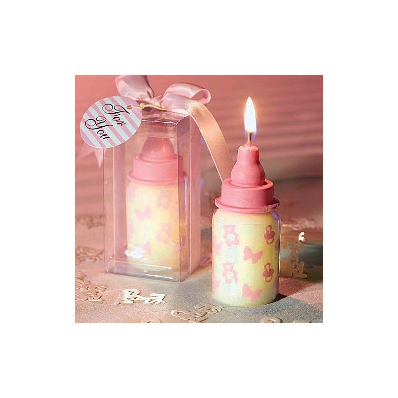 Candela Biberon in Confezione Regalo con Nastro - Ideale per Nascita e Battesimo - Colore Rosa 7 cm"